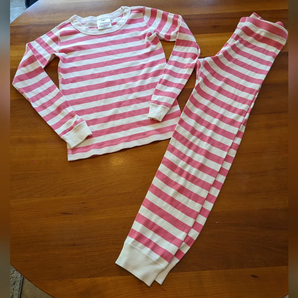Hanna Andersson Long Sleeve Long Johns Jammies Set Pink White Stripe 130/8 Girls